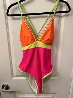 Colorblock V-Neck One-Piece Swimsuit - Pink, Orange & Yellow